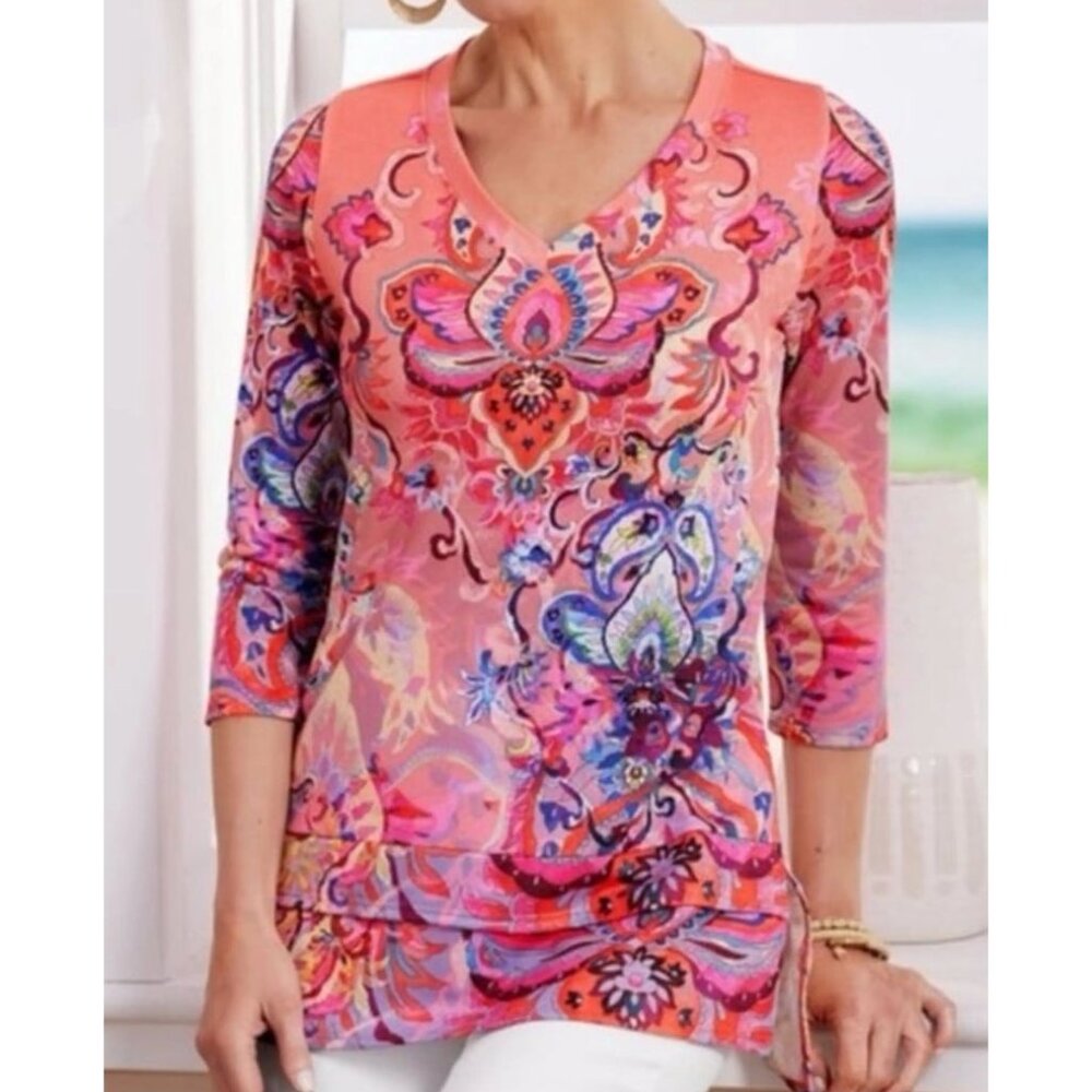 Soft Surroundings Paisley‎ Top Women's Quarter Sleeve V Neck Boho 60s Retro S